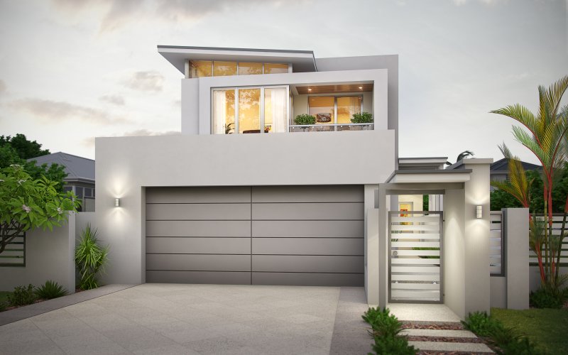 Modern narrow 2 storey home with raking ceilings
